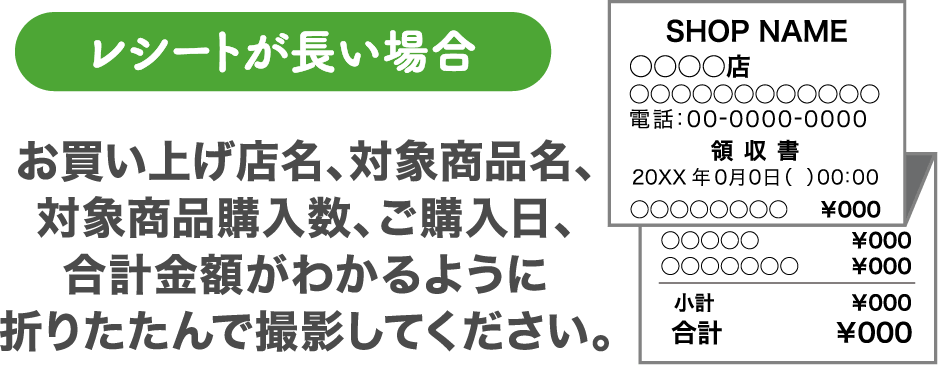 レシートが長い場合 お買い上げ店名、対象商品名、対象商品購入数、ご購入日、合計金額がわかるようにおりたたんで撮影してください。