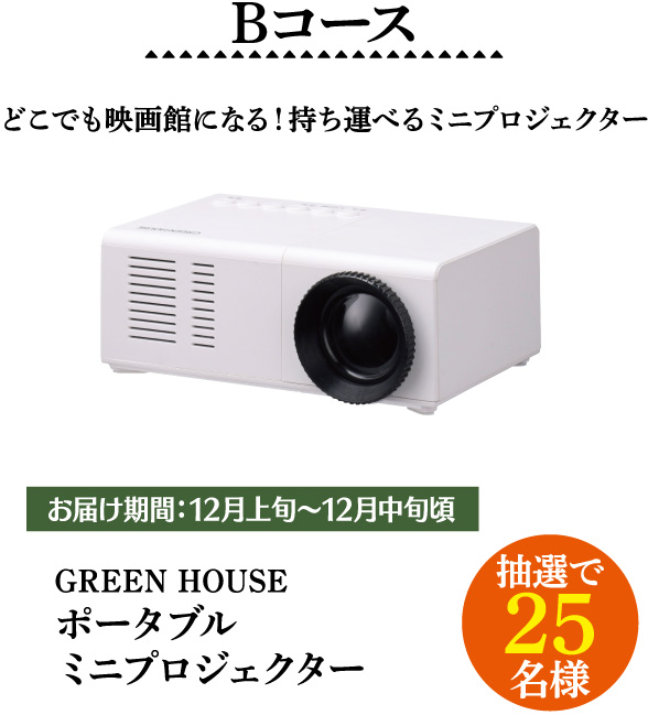 Bコース どこでも映画館になる！持ち運べるミニプロジェクター GREEN HOUSE ポータブルミニプロジェクター 抽選で25名様