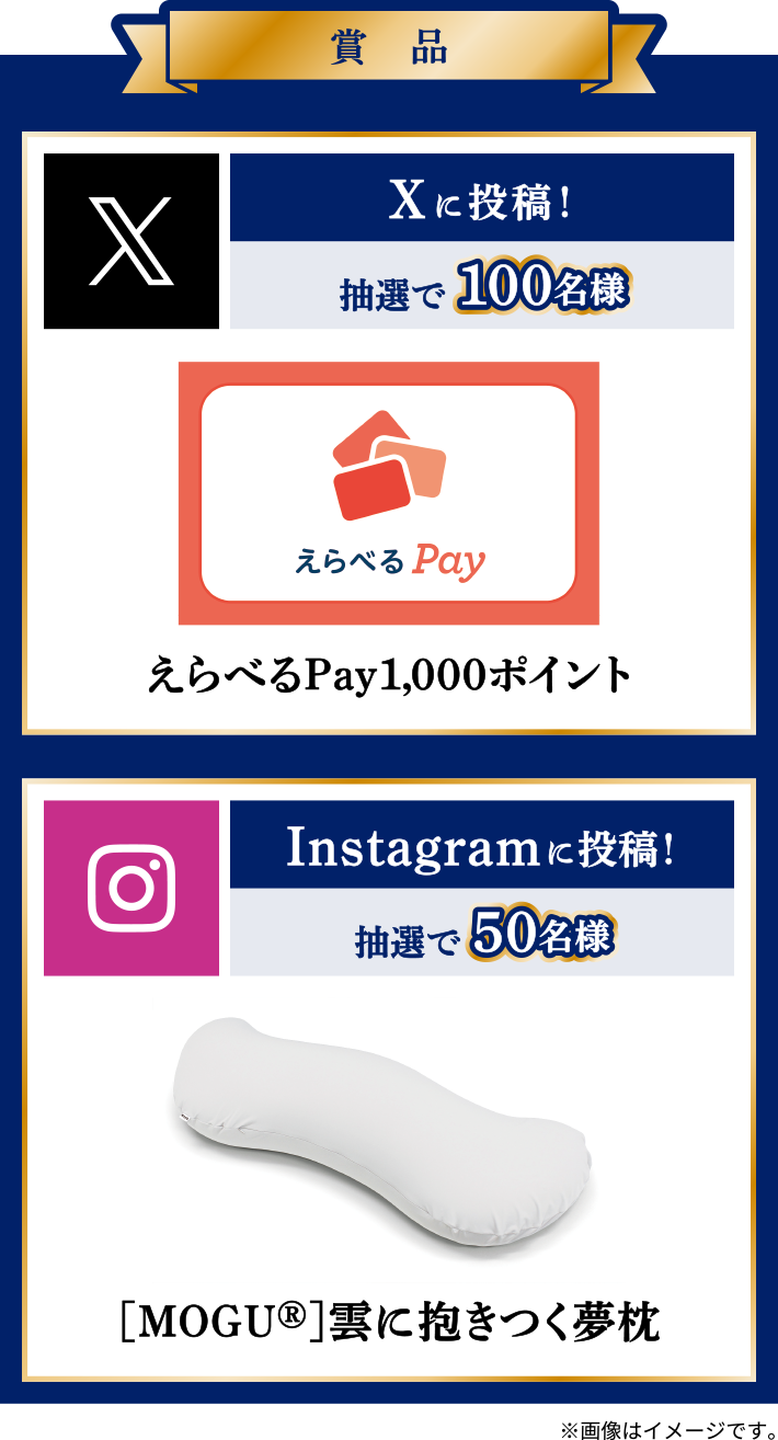 賞品 Xに投稿！抽選で100名様 えらべるPay1,000ポイント / Instagramに投稿！抽選で50名様 [MOGU®]雲に抱きつく夢枕