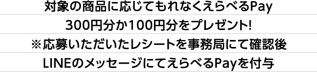 対象の商品に応じてもれなくえらべるPay300円分か100円分をプレゼント！※応募いただいたレシートを事務局にて確認後LINEのメッセージにてえらべるPayを付与