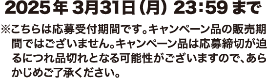 2025年3月31日（月） 23：59まで ※こちらは応募受付期間です。キャンペーン品の販売期間ではございません。キャンペーン品は応募締切が迫るにつれ品切れとなる可能性がございますので、あらかじご了承ください。